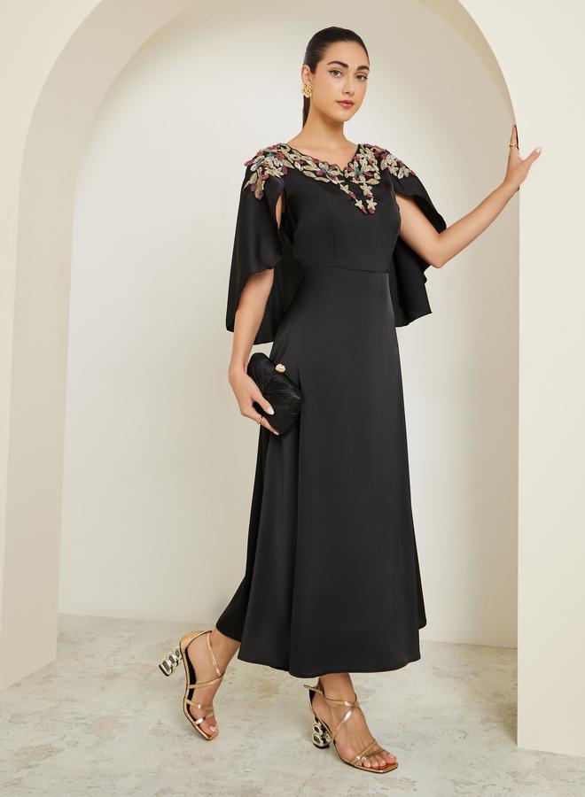 Styli Black Embellished Cape Sleeve Sheath Maxi Dress - Image 5